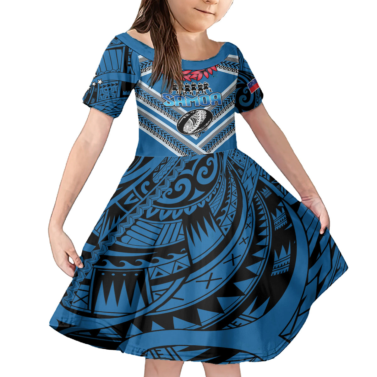 Custom Manuma Samoa Rugby Family Matching Off Shoulder Short Dress and Hawaiian Shirt Ula fala Samoan Siva Tau Tribal LT9 Daughter's Dress Blue - Polynesian Pride