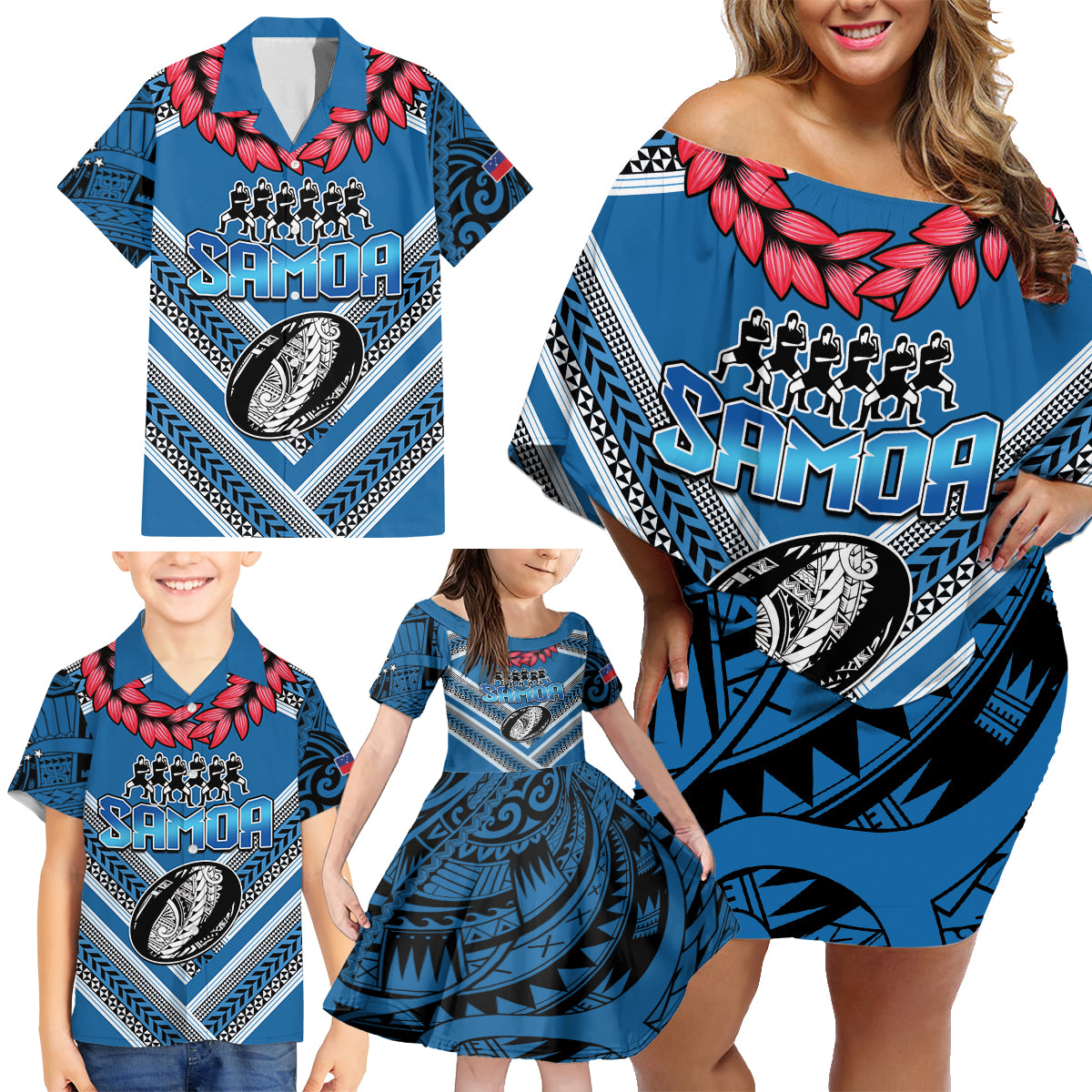 Custom Manuma Samoa Rugby Family Matching Off Shoulder Short Dress and Hawaiian Shirt Ula fala Samoan Siva Tau Tribal LT9 - Polynesian Pride