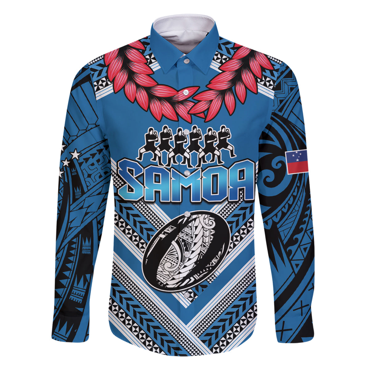 Custom Manuma Samoa Rugby Family Matching Off Shoulder Short Dress and Hawaiian Shirt Ula fala Samoan Siva Tau Tribal LT9 Dad's Shirt - Long Sleeve Blue - Polynesian Pride