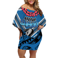 Custom Manuma Samoa Rugby Family Matching Off Shoulder Short Dress and Hawaiian Shirt Ula fala Samoan Siva Tau Tribal LT9 Mom's Dress Blue - Polynesian Pride