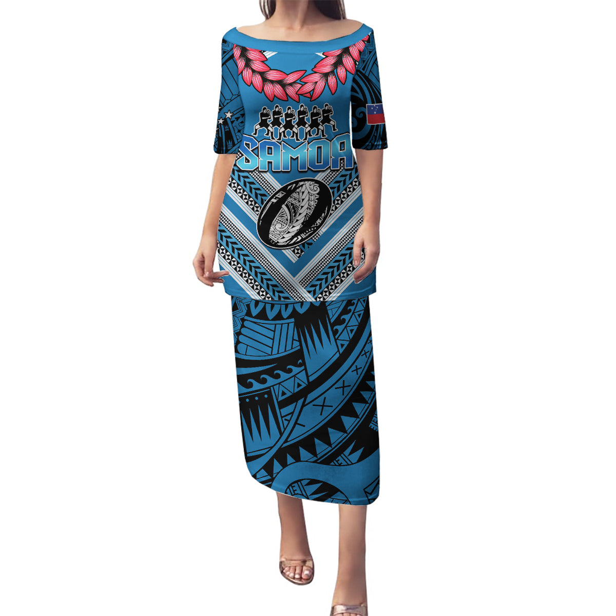 Custom Manuma Samoa Rugby Family Matching Puletasi and Hawaiian Shirt Ula fala Samoan Siva Tau Tribal LT9 Mom's Dress Blue - Polynesian Pride