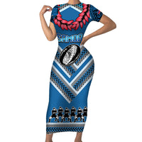 Custom Manuma Samoa Rugby Family Matching Short Sleeve Bodycon Dress and Hawaiian Shirt Ula fala Samoan Siva Tau Tribal LT9 Mom's Dress Blue - Polynesian Pride