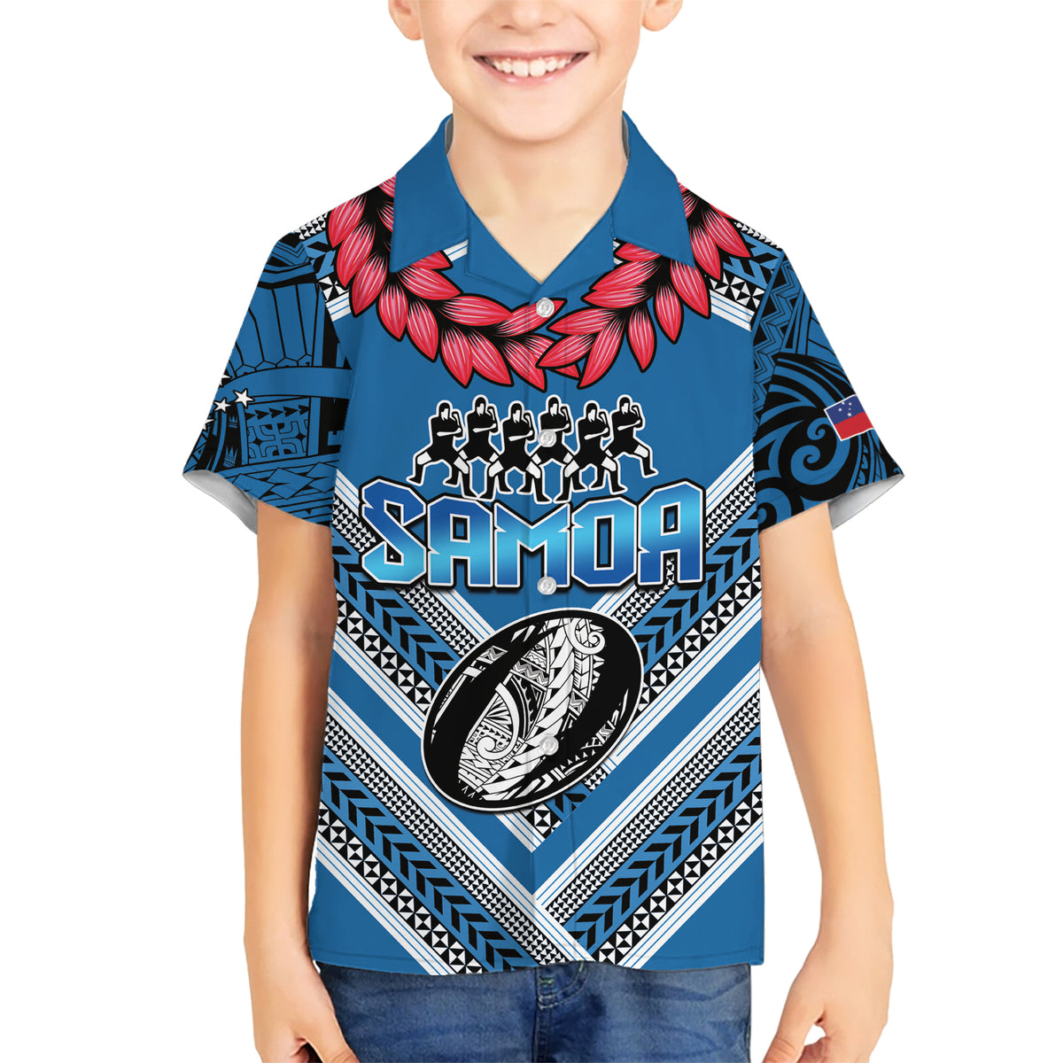 Custom Manuma Samoa Rugby Family Matching Short Sleeve Bodycon Dress and Hawaiian Shirt Ula fala Samoan Siva Tau Tribal LT9 Son's Shirt Blue - Polynesian Pride