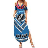 Custom Manuma Samoa Rugby Family Matching Summer Maxi Dress and Hawaiian Shirt Ula fala Samoan Siva Tau Tribal LT9 Mom's Dress Blue - Polynesian Pride