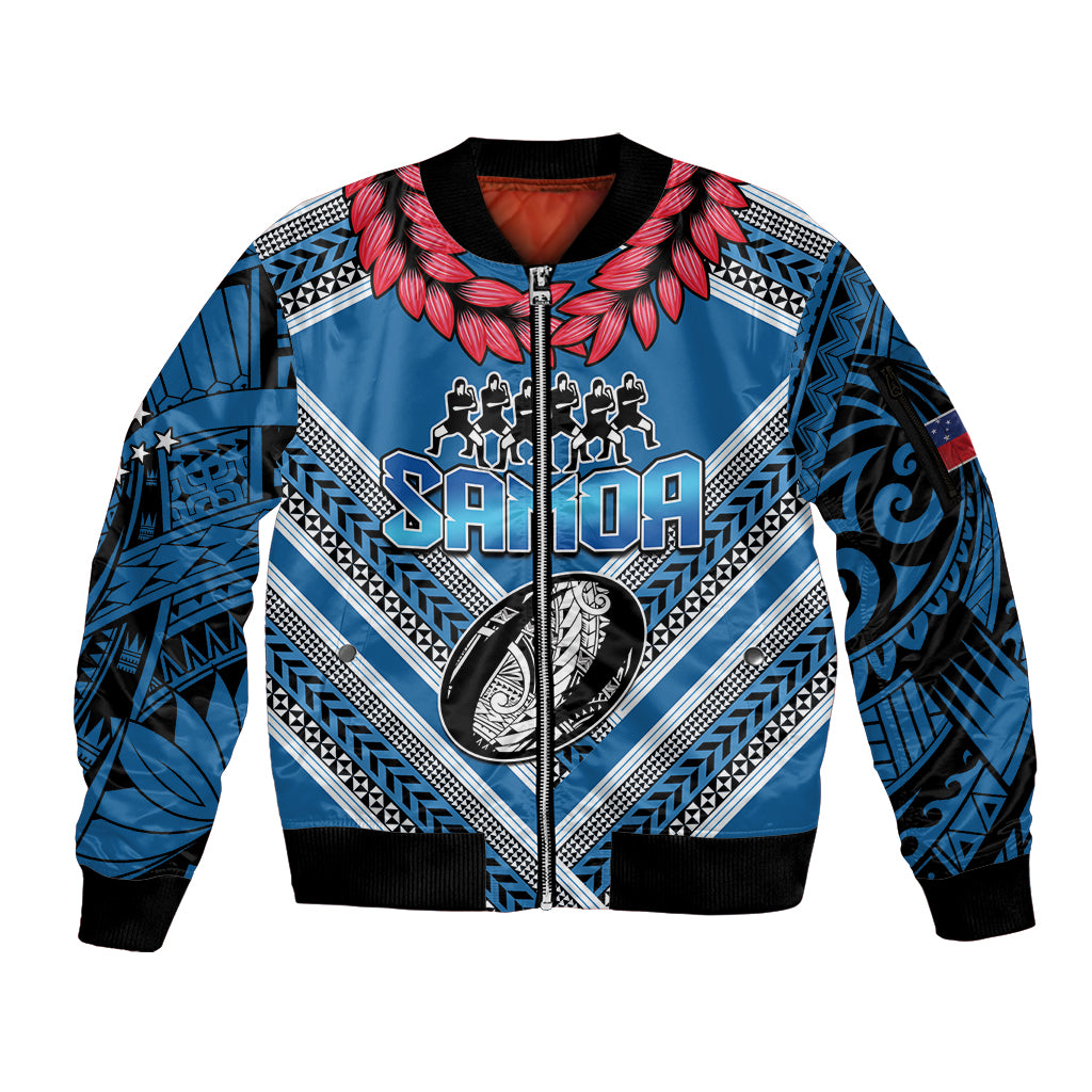Custom Manuma Samoa Rugby Sleeve Zip Bomber Jacket Ula fala Samoan Siva Tau Tribal LT9 Unisex Blue - Polynesian Pride