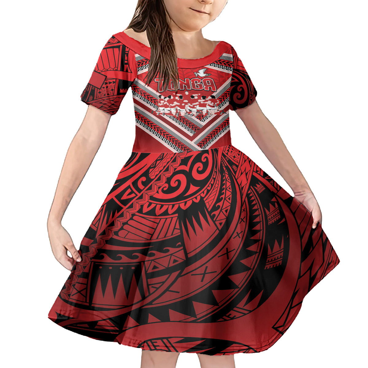 Custom Tonga Rugby Family Matching Off The Shoulder Long Sleeve Dress and Hawaiian Shirt Tonga Sipi Tau Ngatu Tribal Pattern LT9 Daughter's Dress Red - Polynesian Pride