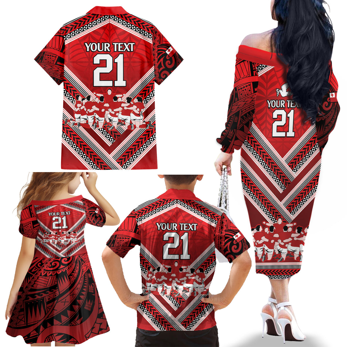 Custom Tonga Rugby Family Matching Off The Shoulder Long Sleeve Dress and Hawaiian Shirt Tonga Sipi Tau Ngatu Tribal Pattern LT9 - Polynesian Pride