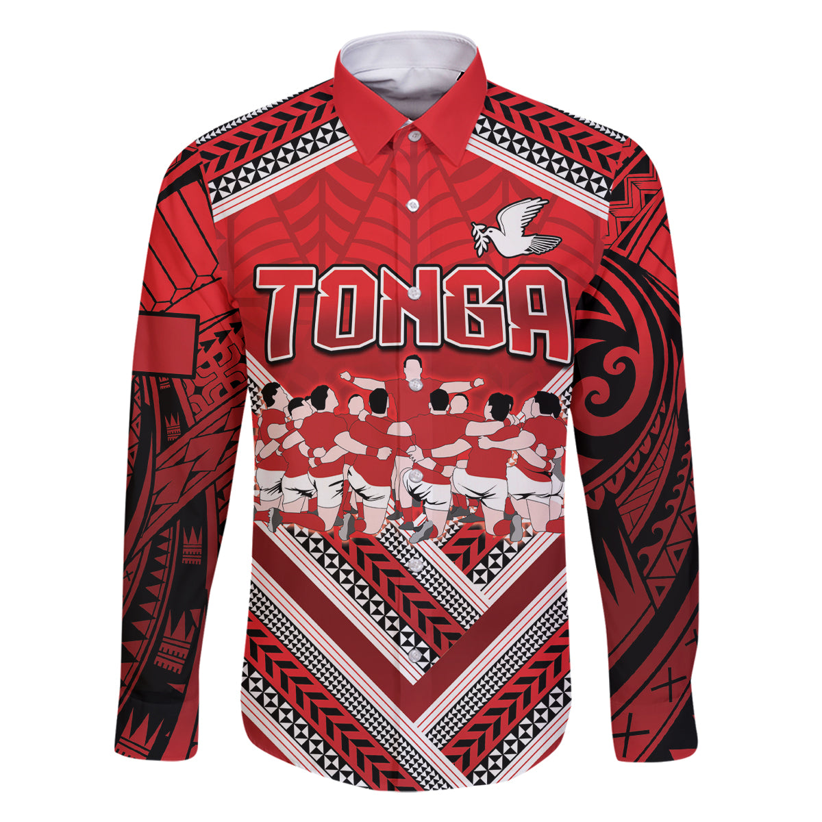 Custom Tonga Rugby Family Matching Off The Shoulder Long Sleeve Dress and Hawaiian Shirt Tonga Sipi Tau Ngatu Tribal Pattern LT9 Dad's Shirt - Long Sleeve Red - Polynesian Pride