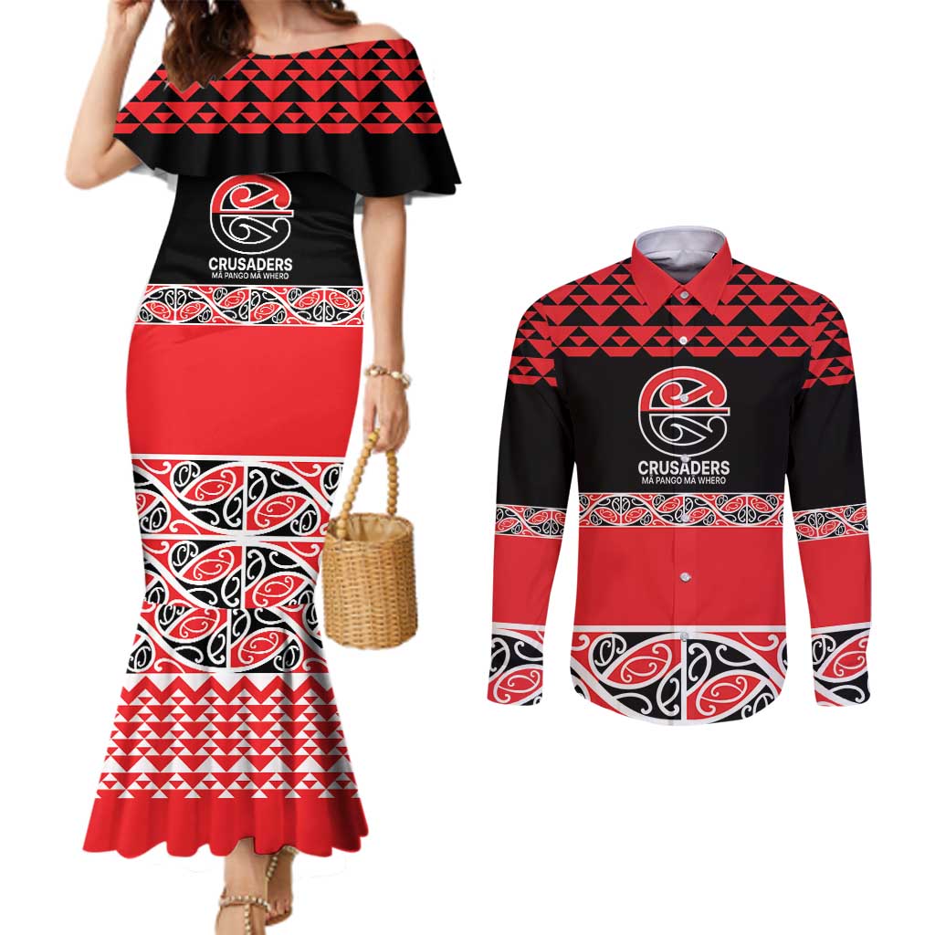 New Zealand Rugby Pacific Custom Couples Matching Mermaid Dress and Long Sleeve Button Shirt Whatumoana Maori Kowhaiwhai Pattern LT9 Blue - Polynesian Pride