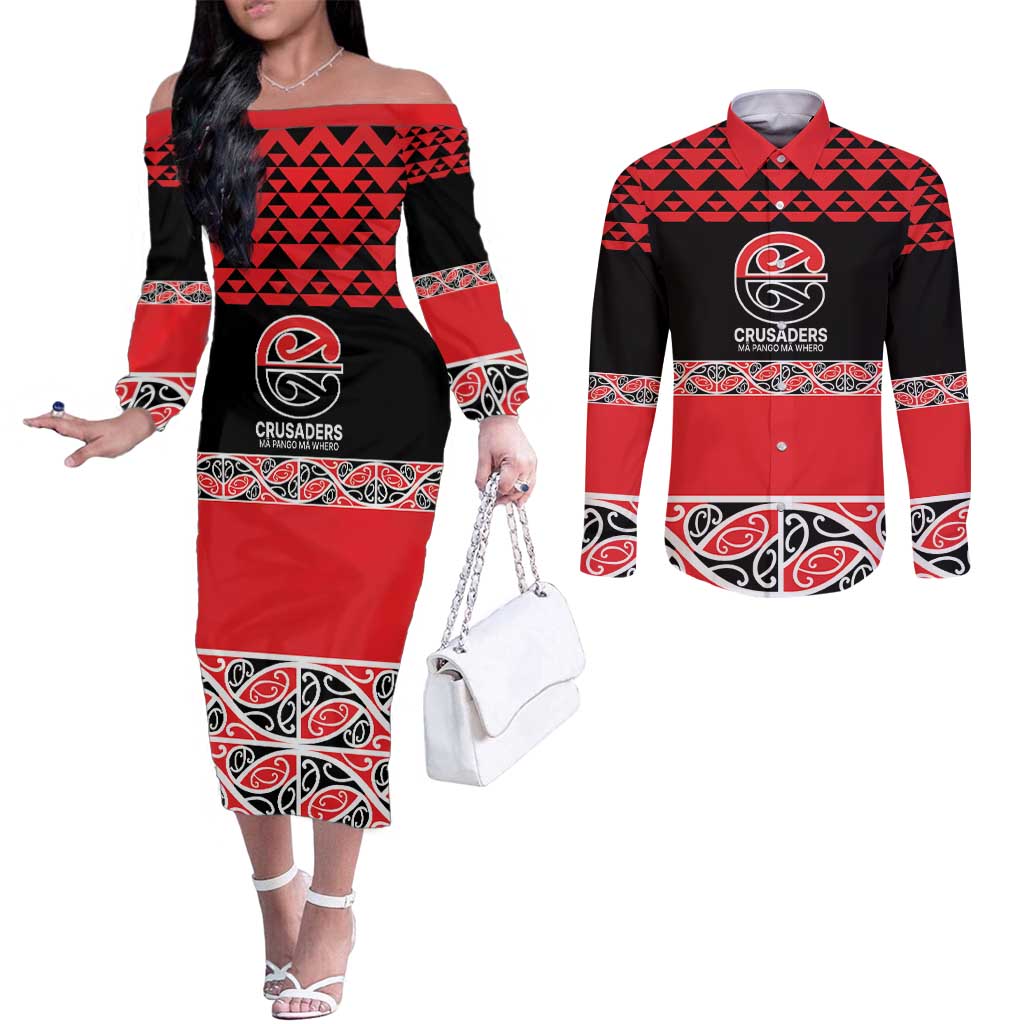 New Zealand Rugby Pacific Custom Couples Matching Off The Shoulder Long Sleeve Dress and Long Sleeve Button Shirt Whatumoana Maori Kowhaiwhai Pattern