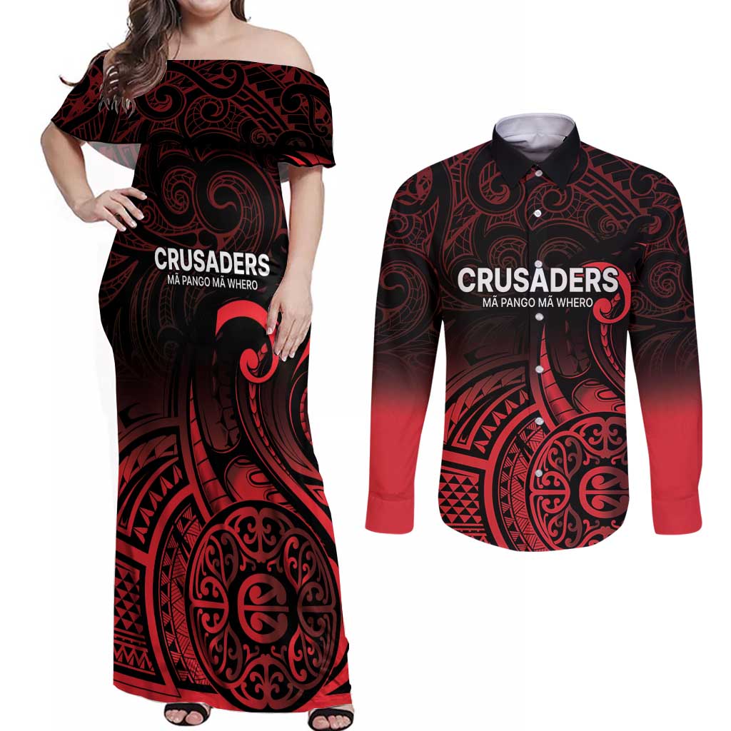 New Zealand Rugby Pacific Custom Couples Matching Off Shoulder Maxi Dress and Long Sleeve Button Shirt Whatumoana Maori Tribal Tattoo LT9 Gold - Polynesian Pride