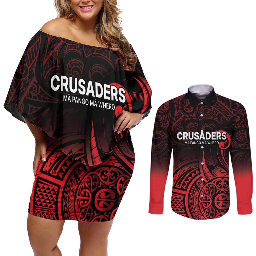 New Zealand Rugby Pacific Custom Couples Matching Off Shoulder Short Dress and Long Sleeve Button Shirt Whatumoana Maori Tribal Tattoo LT9 Gold - Polynesian Pride