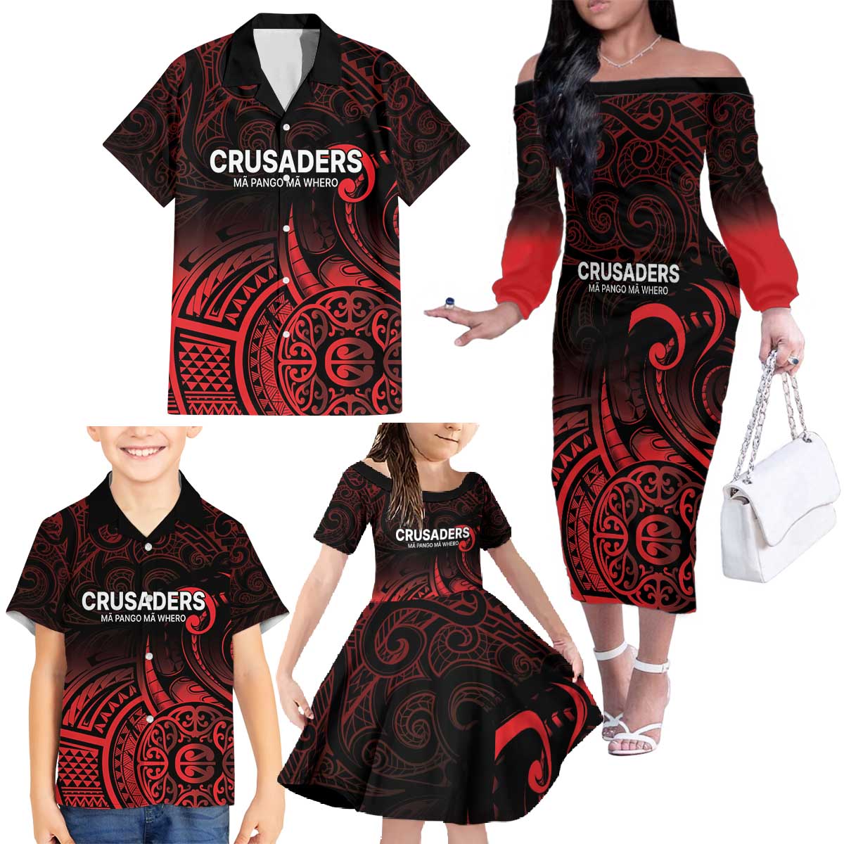 New Zealand Rugby Pacific Custom Family Matching Off The Shoulder Long Sleeve Dress and Hawaiian Shirt Whatumoana Maori Tribal Tattoo