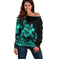 Polynesian Pride Plumeria Flowers Off Shoulder Sweater Polynesian Tribal Aqua Vibe LT9 Women Aqua - Polynesian Pride