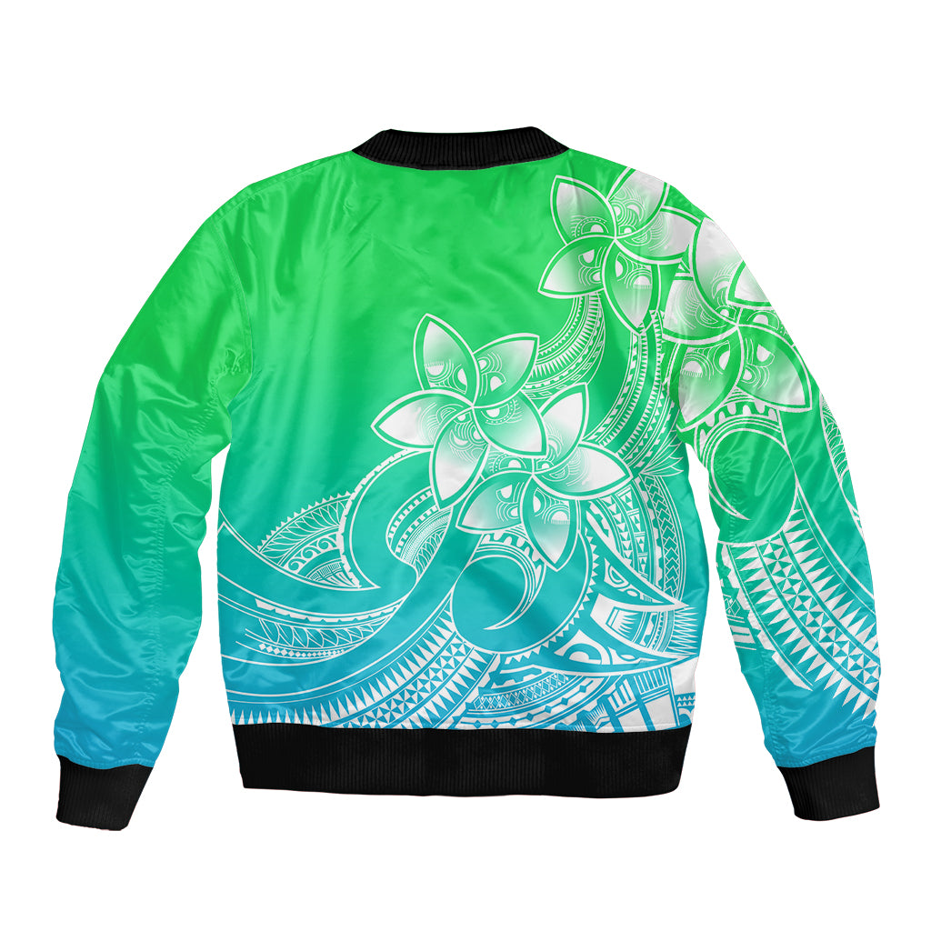 Polynesian Pride Plumeria Flowers Sleeve Zip Bomber Jacket Polynesian Tribal Gradient Green LT9 - Polynesian Pride