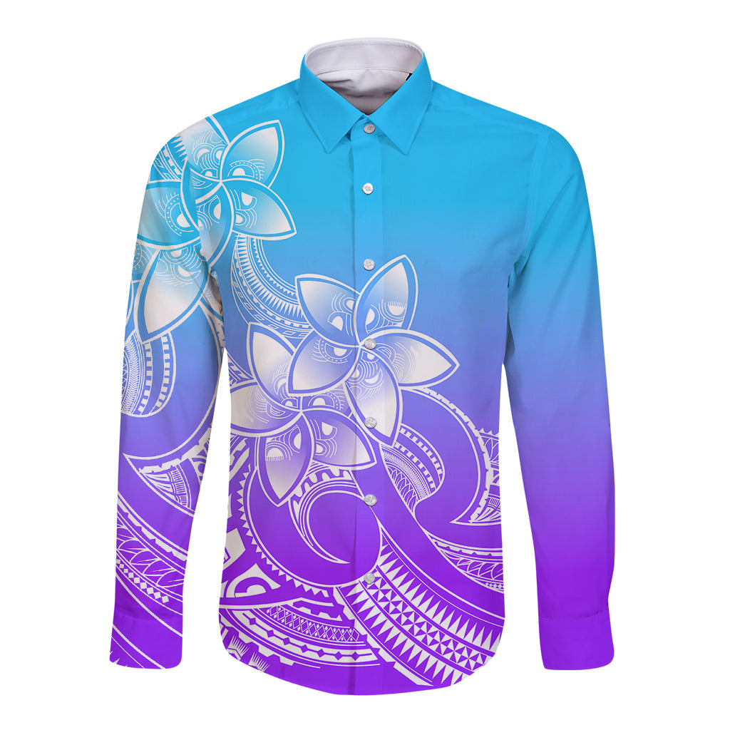 Polynesian Pride Plumeria Flowers Long Sleeve Button Shirt Polynesian Tribal Gradient Purple LT9 Unisex Purple - Polynesian Pride