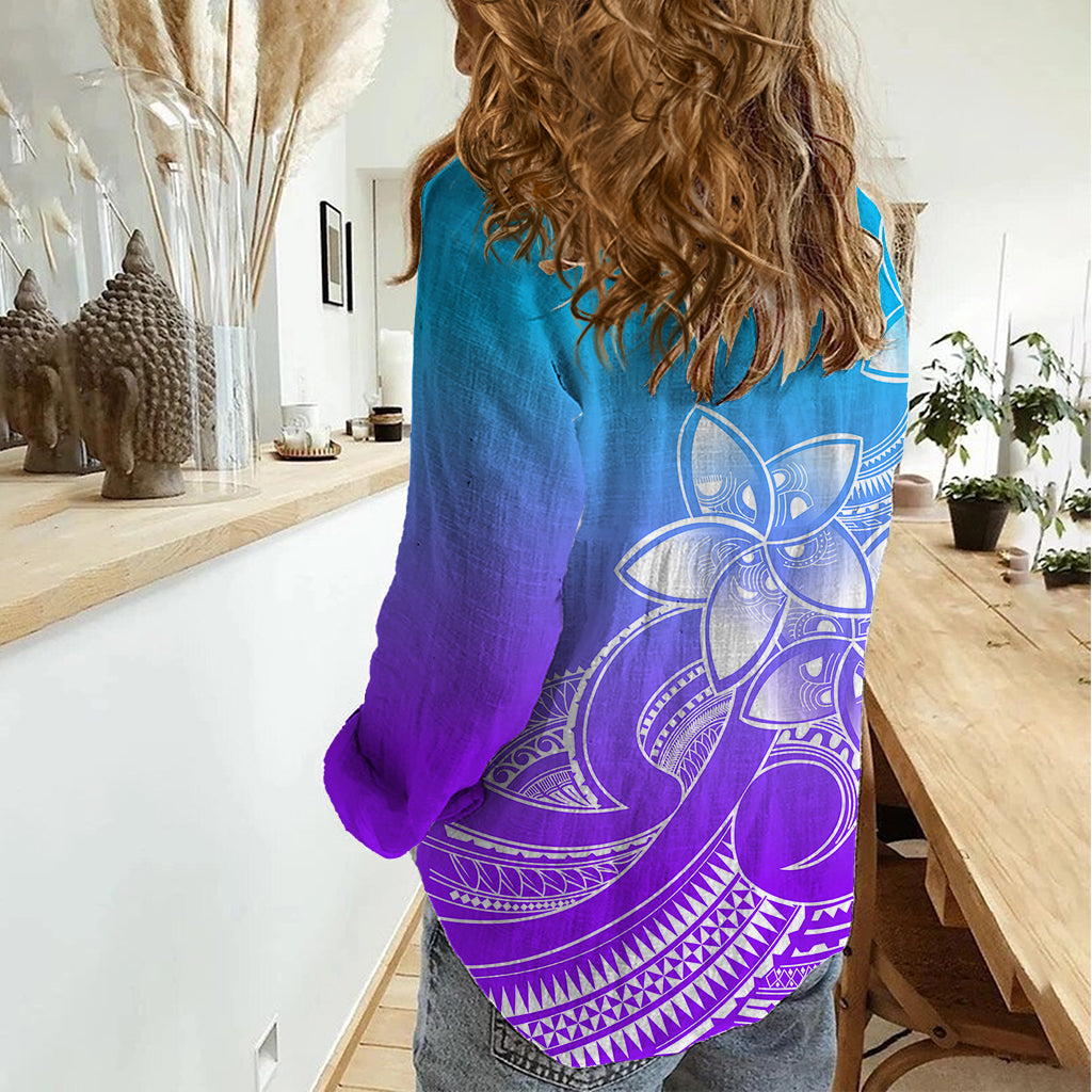 Polynesian Pride Plumeria Flowers Women Casual Shirt Polynesian Tribal Gradient Purple LT9 - Polynesian Pride