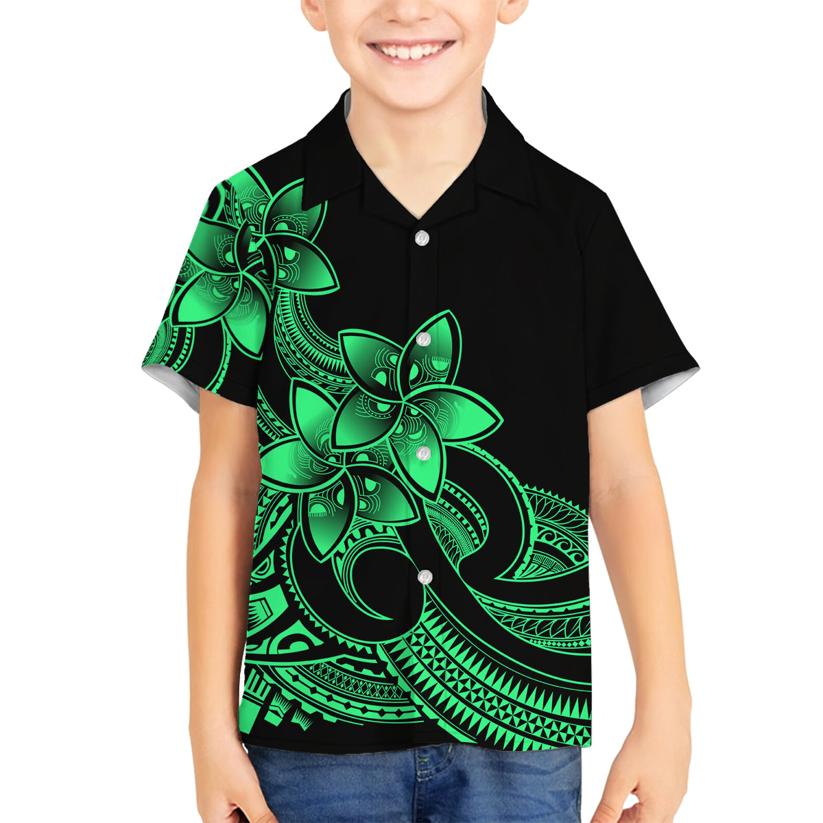 Polynesian Matching Outfit For Family - Plumeria Flowers Long Dress Hawaiian Shirt Polynesian Tribal Green Vibe LT9 Son's Shirt - Polynesian Pride