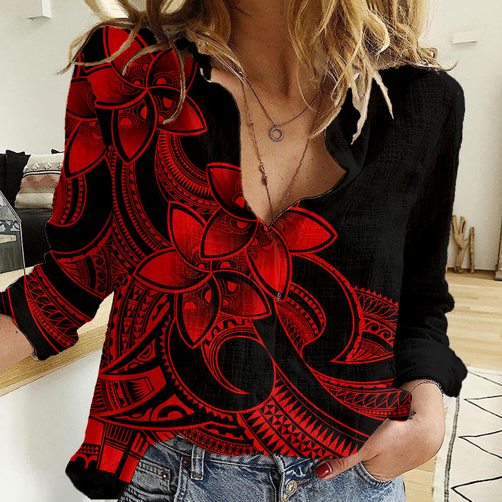 Polynesian Pride Plumeria Flowers Women Casual Shirt Polynesian Tribal Red Vibe LT9 Female Red - Polynesian Pride