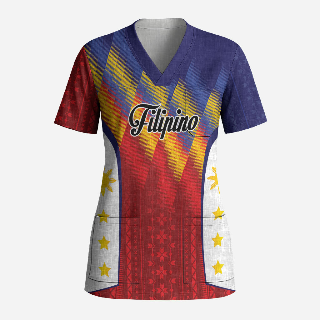 Personalized Philippines Eight Rays Sun Scrub Top Traditional Filipino Igorot Pattern Motif