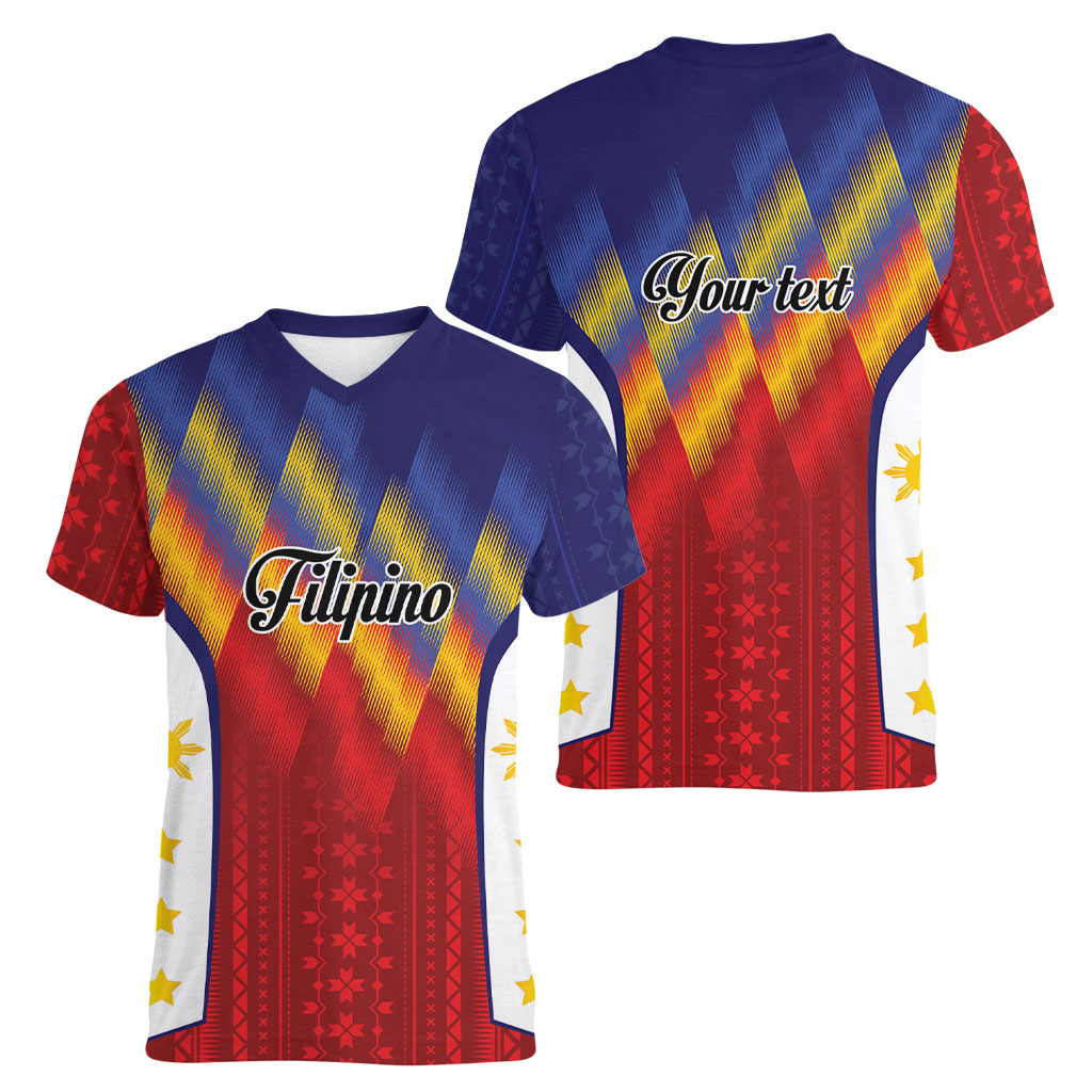 Personalized Philippines Eight Rays Sun Women V-Neck T-Shirt Traditional Filipino Igorot Pattern Motif
