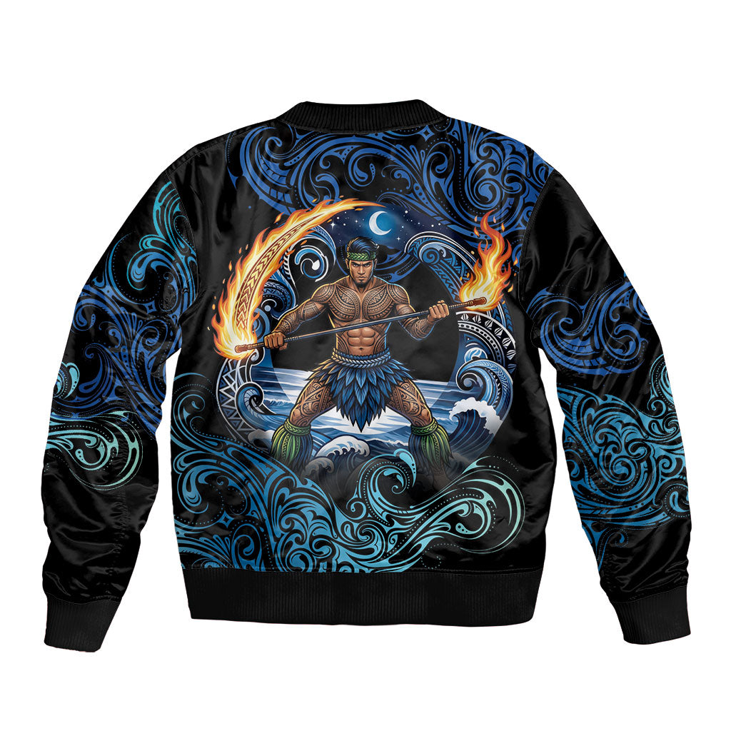 Samoa Siva Afi Bomber Jacket Fireknife Fire Dance Pacific Tribal Motif
