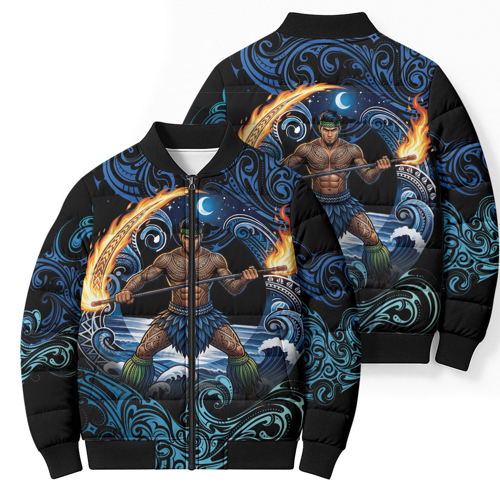 Samoa Siva Afi Bomber Puffer Jacket Fireknife Fire Dance Pacific Tribal Motif