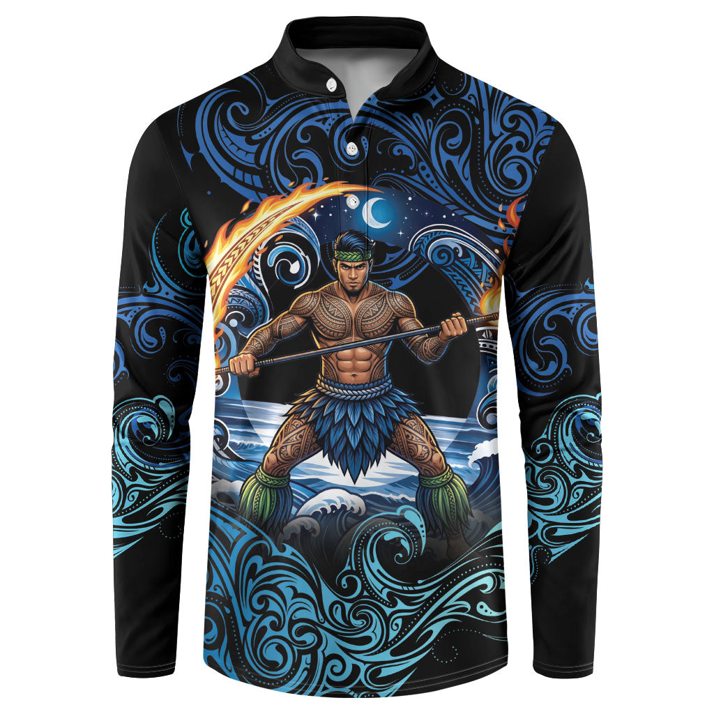 Samoa Siva Afi Button Sweatshirt Fireknife Fire Dance Pacific Tribal Motif