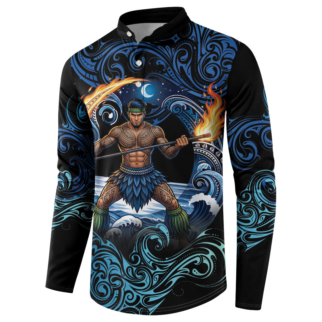 Samoa Siva Afi Button Sweatshirt Fireknife Fire Dance Pacific Tribal Motif
