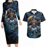 Samoa Siva Afi Couples Matching Long Sleeve Bodycon Dress and Hawaiian Shirt Fireknife Fire Dance Pacific Tribal Motif