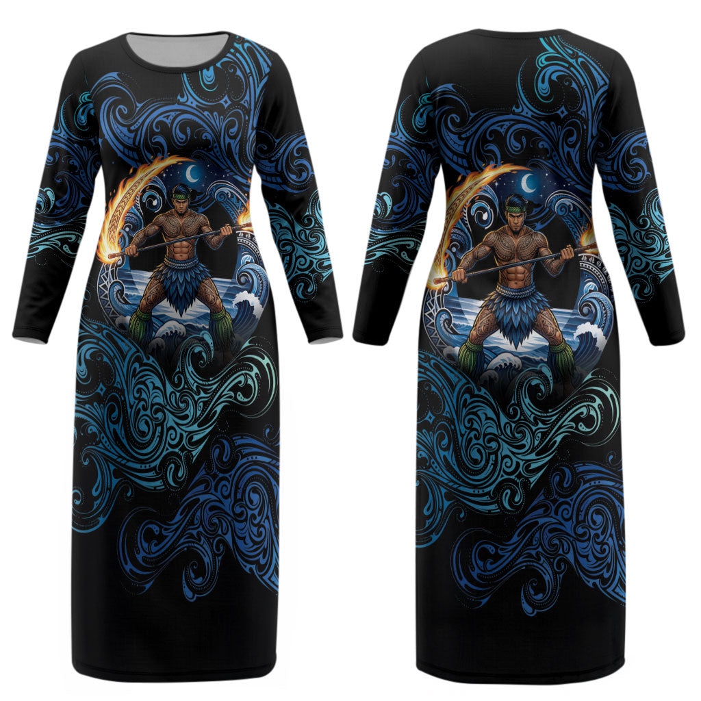 Samoa Siva Afi Couples Matching Long Sleeve Bodycon Dress and Long Sleeve Button Shirt Fireknife Fire Dance Pacific Tribal Motif