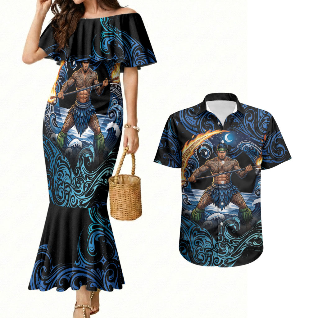 Samoa Siva Afi Couples Matching Mermaid Dress and Hawaiian Shirt Fireknife Fire Dance Pacific Tribal Motif LT9 Blue - Polynesian Pride