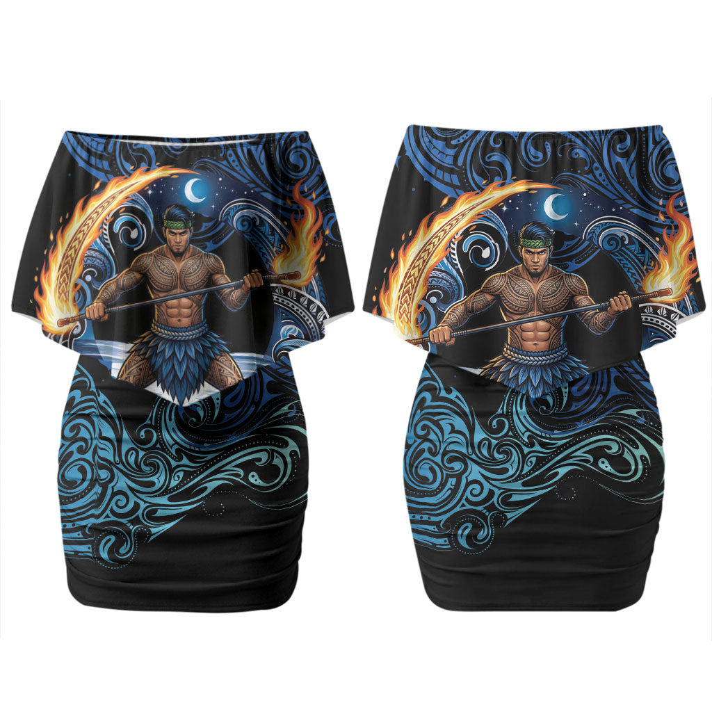 Samoa Siva Afi Couples Matching Off Shoulder Short Dress and Hawaiian Shirt Fireknife Fire Dance Pacific Tribal Motif