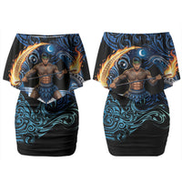 Samoa Siva Afi Couples Matching Off Shoulder Short Dress and Hawaiian Shirt Fireknife Fire Dance Pacific Tribal Motif