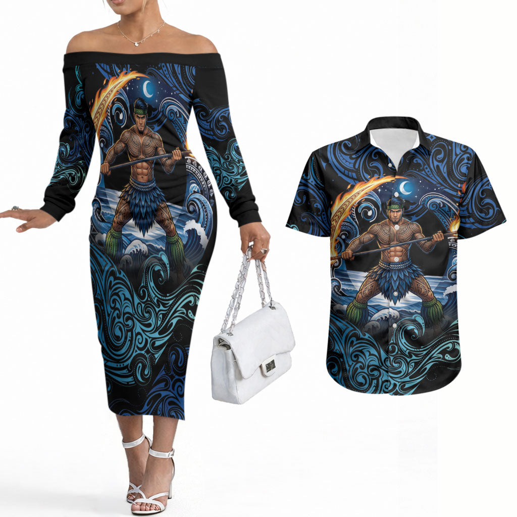 Samoa Siva Afi Couples Matching Off The Shoulder Long Sleeve Dress and Hawaiian Shirt Fireknife Fire Dance Pacific Tribal Motif LT9 Blue - Polynesian Pride