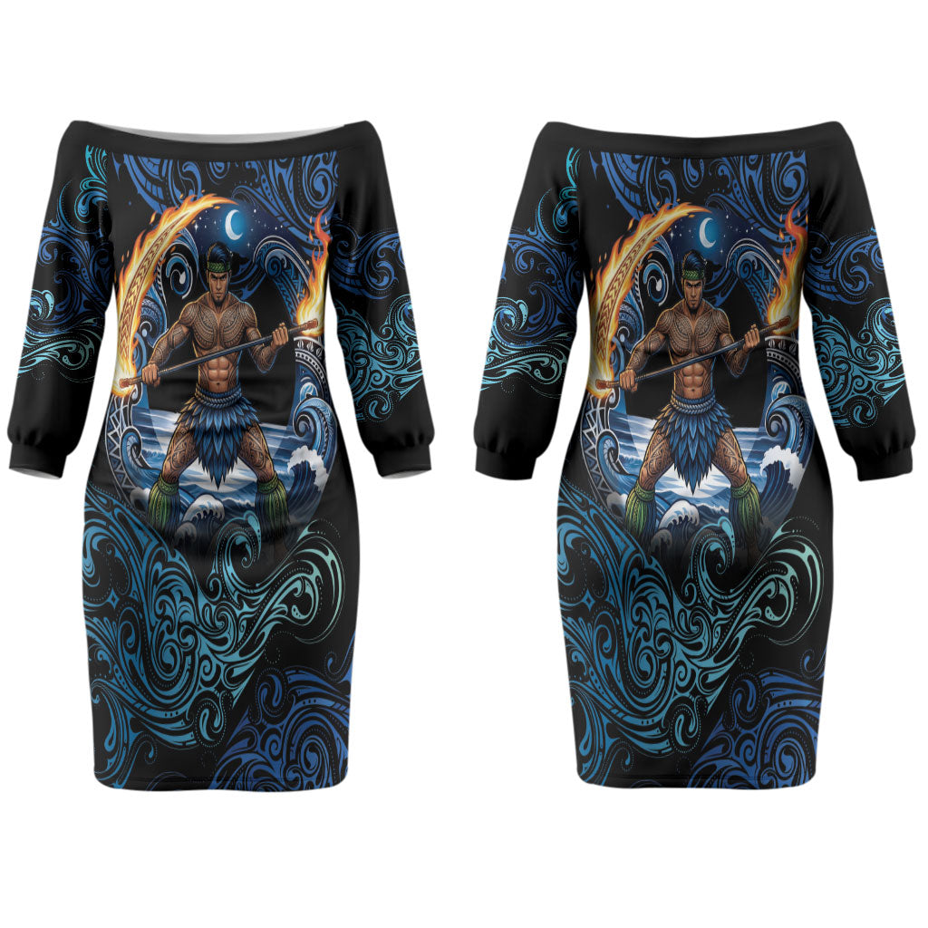 Samoa Siva Afi Couples Matching Off The Shoulder Long Sleeve Dress and Hawaiian Shirt Fireknife Fire Dance Pacific Tribal Motif