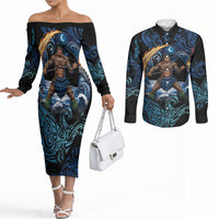 Samoa Siva Afi Couples Matching Off The Shoulder Long Sleeve Dress and Long Sleeve Button Shirt Fireknife Fire Dance Pacific Tribal Motif