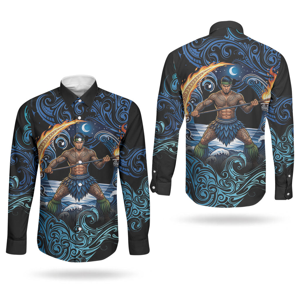 Samoa Siva Afi Couples Matching Puletasi and Long Sleeve Button Shirt Fireknife Fire Dance Pacific Tribal Motif