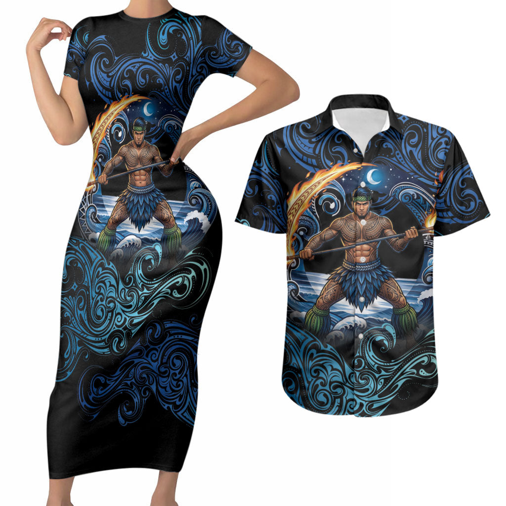 Samoa Siva Afi Couples Matching Short Sleeve Bodycon Dress and Hawaiian Shirt Fireknife Fire Dance Pacific Tribal Motif LT9 Blue - Polynesian Pride