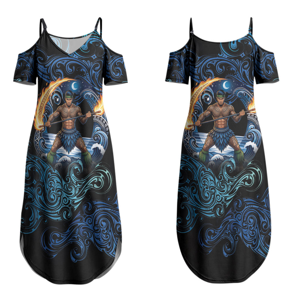 Samoa Siva Afi Couples Matching Summer Maxi Dress and Hawaiian Shirt Fireknife Fire Dance Pacific Tribal Motif
