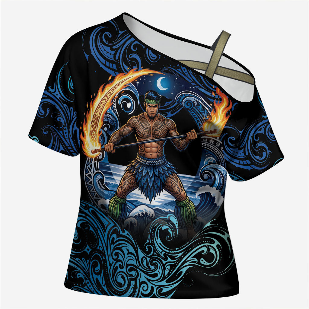 Samoa Siva Afi Cross Shoulder Shirt Fireknife Fire Dance Pacific Tribal Motif