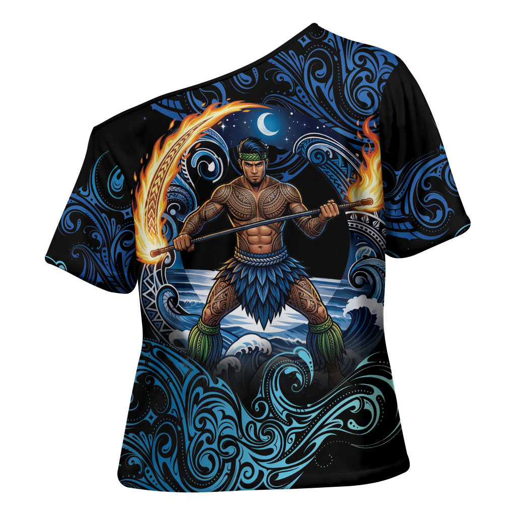 Samoa Siva Afi Cross Shoulder Shirt Fireknife Fire Dance Pacific Tribal Motif