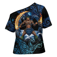 Samoa Siva Afi Cross Shoulder Shirt Fireknife Fire Dance Pacific Tribal Motif