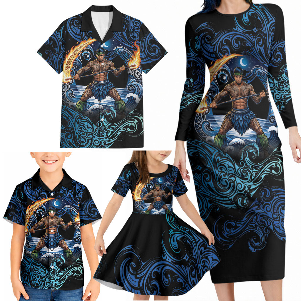 Samoa Siva Afi Family Matching Long Sleeve Bodycon Dress and Hawaiian Shirt Fireknife Fire Dance Pacific Tribal Motif LT9 - Polynesian Pride