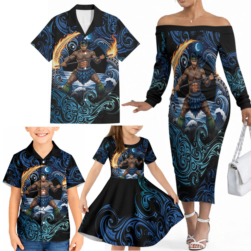 Samoa Siva Afi Family Matching Off The Shoulder Long Sleeve Dress and Hawaiian Shirt Fireknife Fire Dance Pacific Tribal Motif LT9 - Polynesian Pride