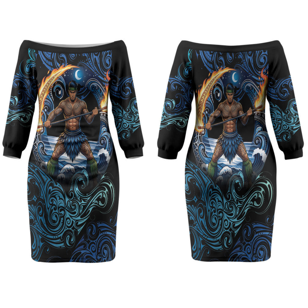 Samoa Siva Afi Family Matching Off The Shoulder Long Sleeve Dress and Hawaiian Shirt Fireknife Fire Dance Pacific Tribal Motif