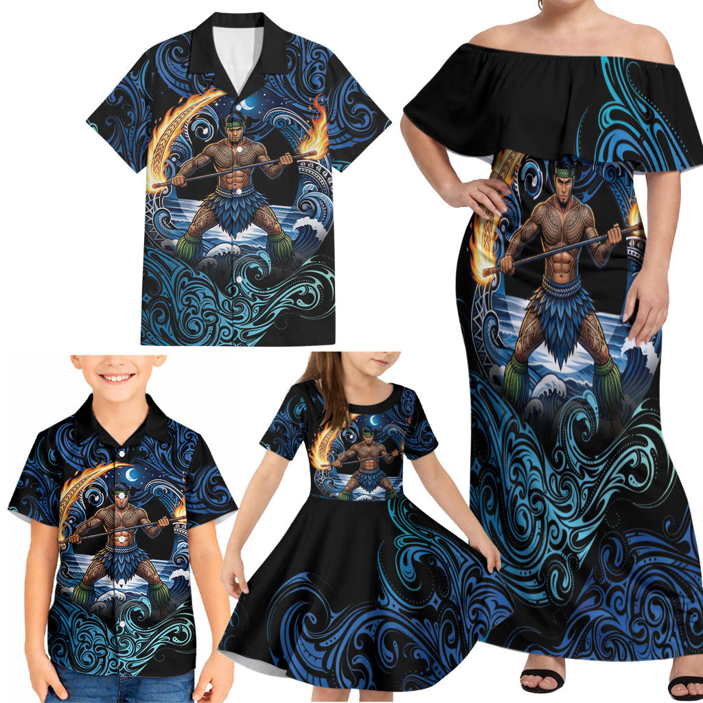 Samoa Siva Afi Family Matching Off Shoulder Maxi Dress and Hawaiian Shirt Fireknife Fire Dance Pacific Tribal Motif LT9 - Polynesian Pride