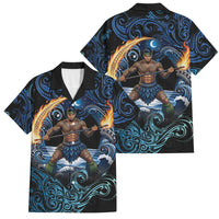 Samoa Siva Afi Family Matching Off Shoulder Short Dress and Hawaiian Shirt Fireknife Fire Dance Pacific Tribal Motif