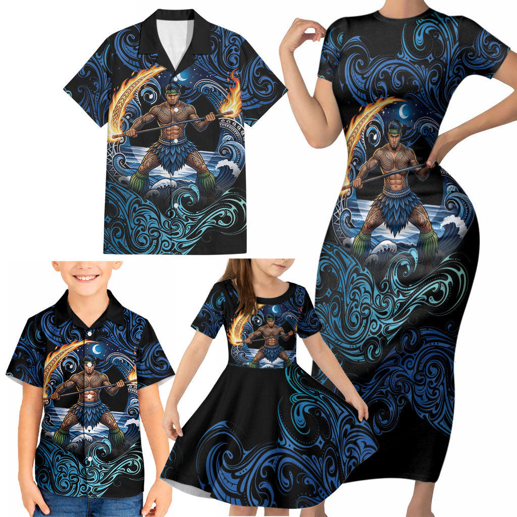 Samoa Siva Afi Family Matching Short Sleeve Bodycon Dress and Hawaiian Shirt Fireknife Fire Dance Pacific Tribal Motif LT9 - Polynesian Pride