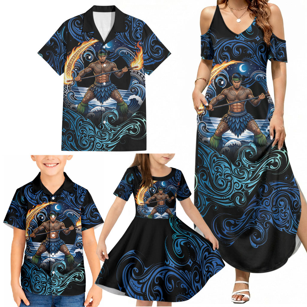 Samoa Siva Afi Family Matching Summer Maxi Dress and Hawaiian Shirt Fireknife Fire Dance Pacific Tribal Motif LT9 - Polynesian Pride